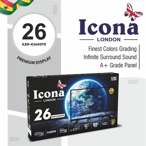 Icona London ILED-M260DTS 26” Edgeless Digital Satellite LED TV With A+ Panel - HDMI/USB - DTS Audio - Black