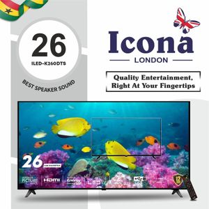 Icona London ILED-M260DTS 26” Edgeless Digital Satellite LED TV With A+ Panel - HDMI/USB - DTS Audio - Black (1YR WRTY)