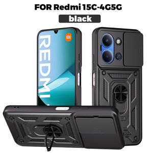Redmi 15C 4G/5G Case Slide Window Lens Protection with Magnetic Stand Ring - Black