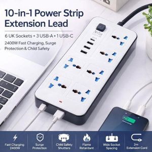 TIMBUTUS 10-in-1 Power Strip Extension Lead with 6 UK Sockets, 3 USB-A & 1 USB-C, Fast Charging, Surge Protection & Child Safety
